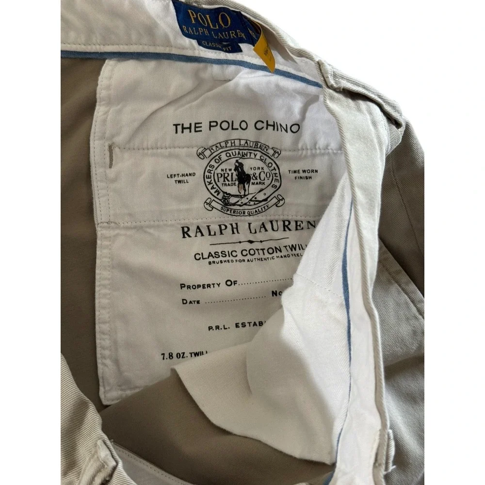 Polo Ralph Lauren Mens Size 38x32 Classic Fit Khaki Chino Pants Flat Front Beige